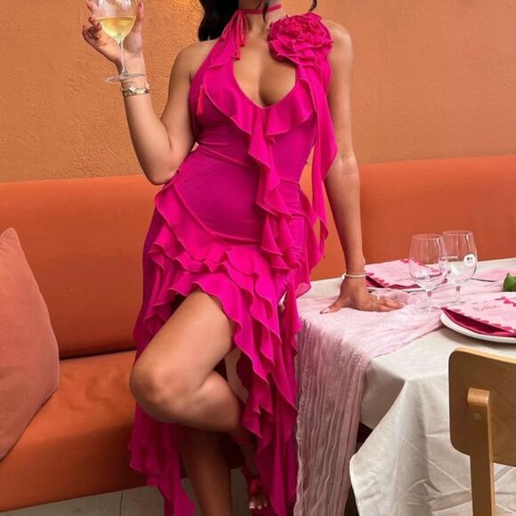 Fanci Club Dress Pink Garden of Eden Mini Ruffle Flower Halter Small - Picture 2 of 10